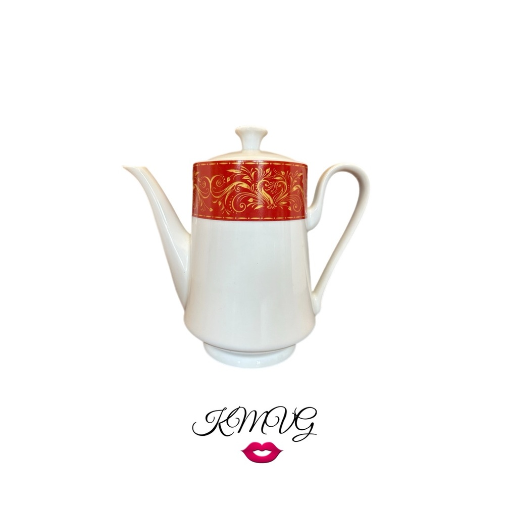 Vintage JCPenney Chris Madden Montalira Red & Gold Coffee Pot 7.75”
